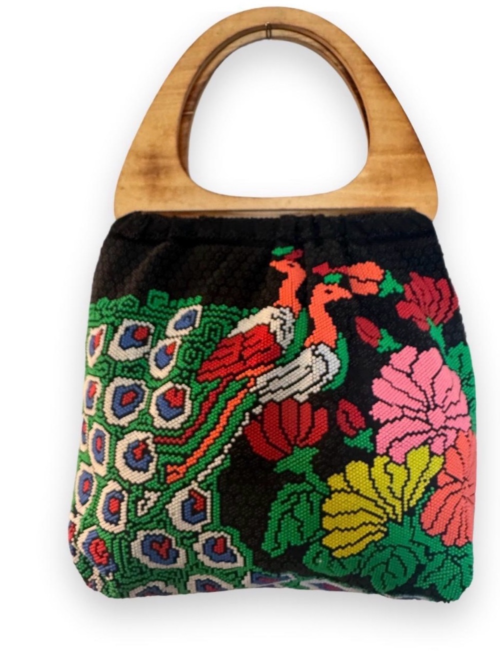 Beaded Peacock Floral Handbag Wooden Handle Black Multicolor Statement Purse